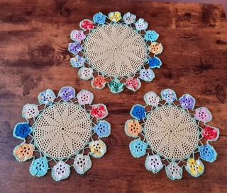 Vintage Hand Crocheted Set of 3 Doilies Multicoloured Pansy border