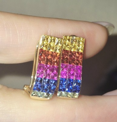 ERSTAUNLICH! DESIGNER 14k GOLD OMBRE REGENBOGEN ECHT SAPHIR OHRRINGE GIA BEWERTET