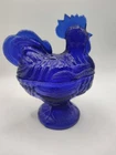 COBALT BLUE DEPRESSION STYLE GLASS ROOSTER CHICKEN CANDY DISH VINTAGE BOWL JAR