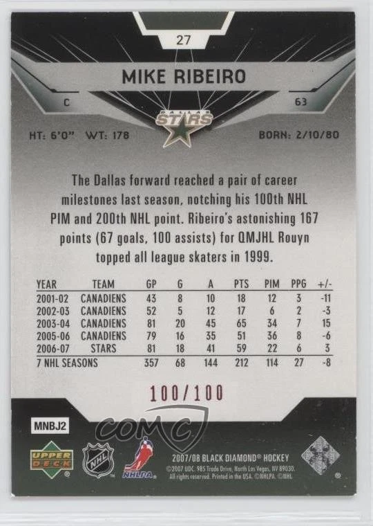 2007-08 Upper Deck Black Diamond Ruby /100 Mike Ribeiro #27 - Image 2 of 2
