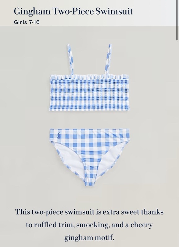 Girls Blue Gingham Polo Ralph Lauren 2 Piece Swimsuit Size 16 New