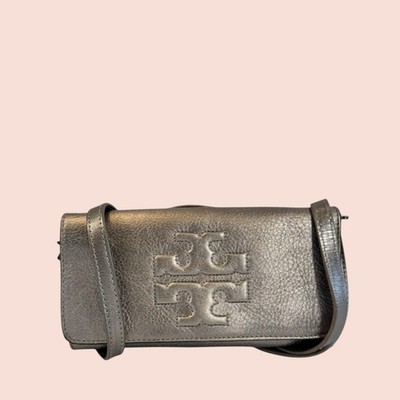 TORY BURCH Luxury Metallic Grey Leather Logo Embossed Flap Clutch Crossbody Bag