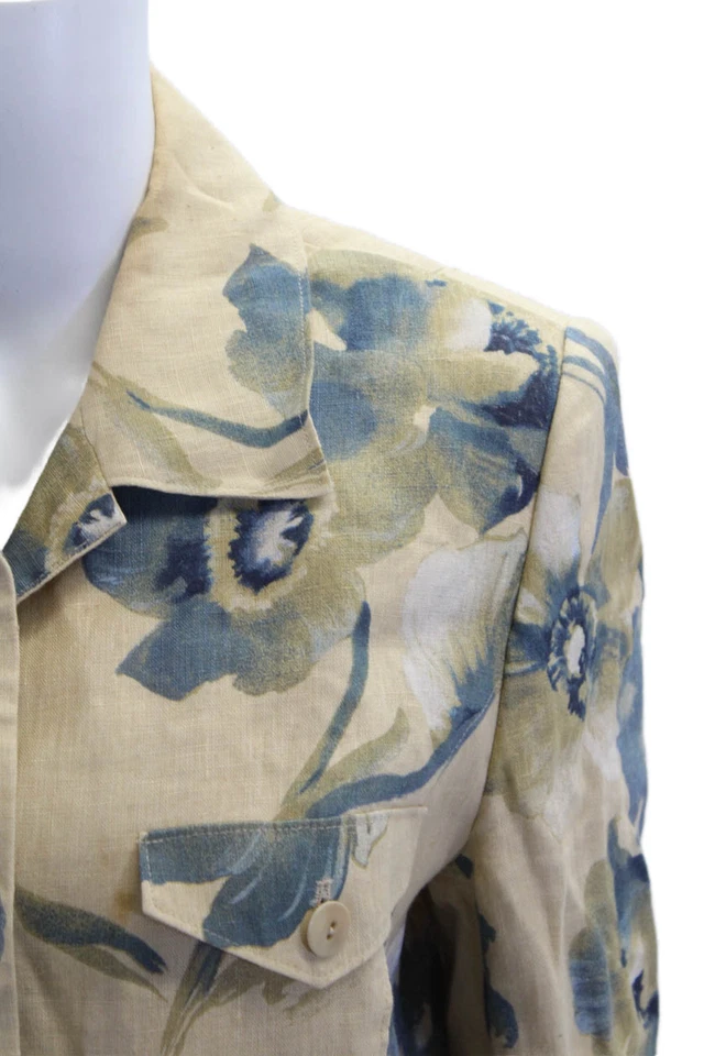 Peter Nygard Womens Linen Floral Print Collared Open Front Blazer Yellow Size 10 - Image 2 of 4