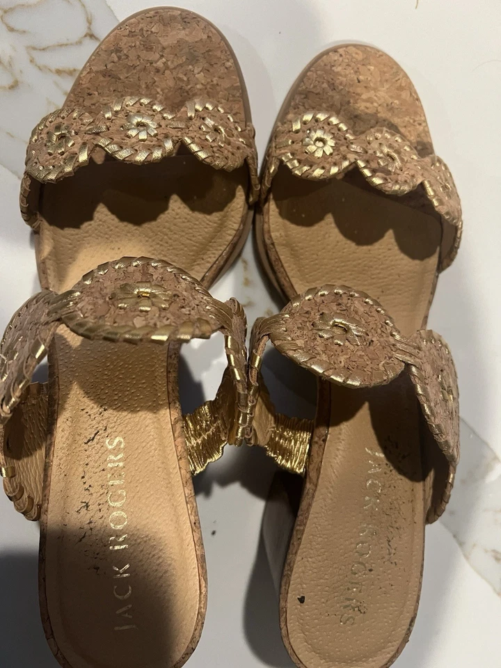 Sandalias Jack Rogers Lauren Neutro Corcho Cosidas Doradas Tacones de Cuña Talla 11 11m Foto 3 de 4
