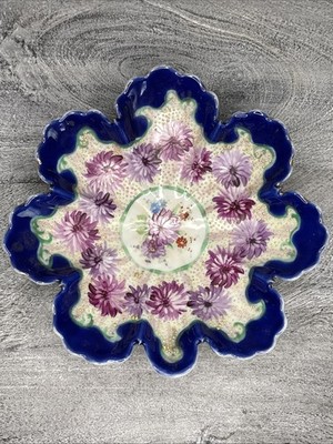 ANTIQUE NIPPON MORIAGE Handpainted Floral Bowl With Cobalt Blue Double Flute Rim