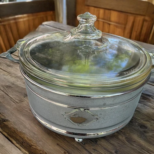 VTG Pyrex Clear Glass Lidded Casserole Dish w/ Pierced Metal Stand 3 Pc. Set