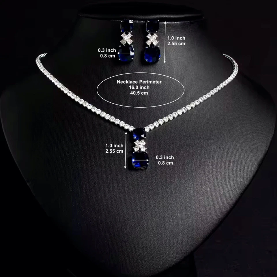 Juego de aretes collar tenis zafiro azul enchapado en oro blanco de 18k creado en laboratorio Foto 2 de 3