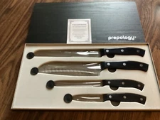 NEW! 4 PREPOLOGY KNIVES; 8” BREAD,7 "SANTOKU,5" UTILITY, 3”PARING & CASE $32.99