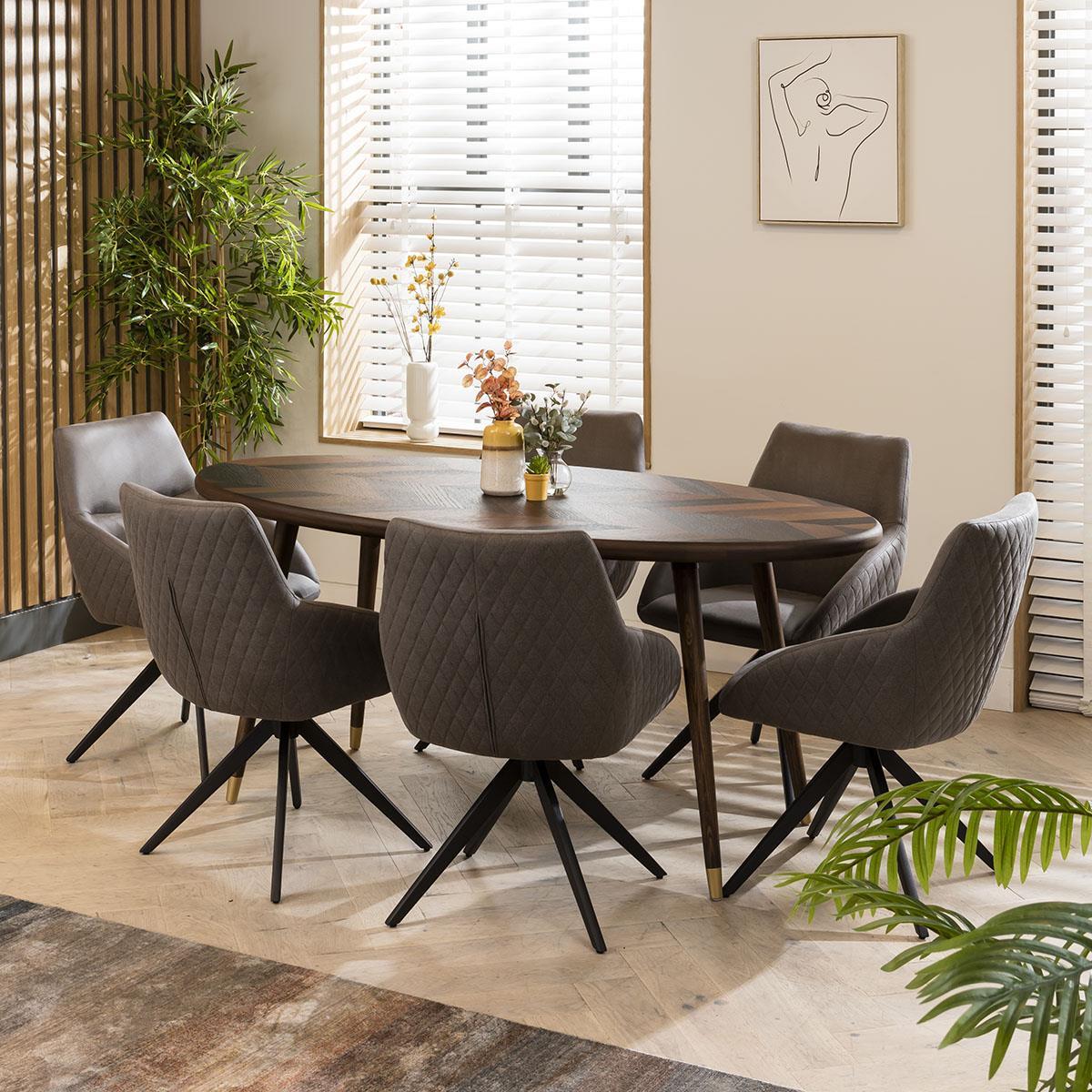 Oval Seat Dining Table Set And Six Swivel Carver Dining Chairs Brown