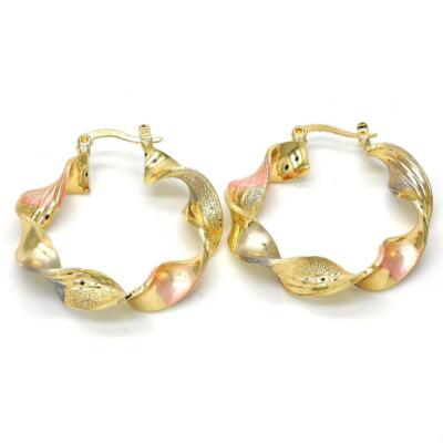14K Gold Filled Tri-Colored 4mm Diamond Cut Small Twist Round Hoop Earrings 30mm