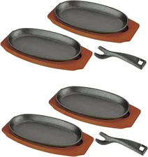 2 Box 4 pcs  Sizzling Steak Plate Wooden Base Cast Iron w/ Two Plate Pick 1809x2