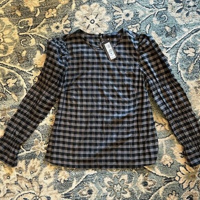 Marks & Spenser Black and Gray Plaid Blouse with Smocked Sleeves Size 8