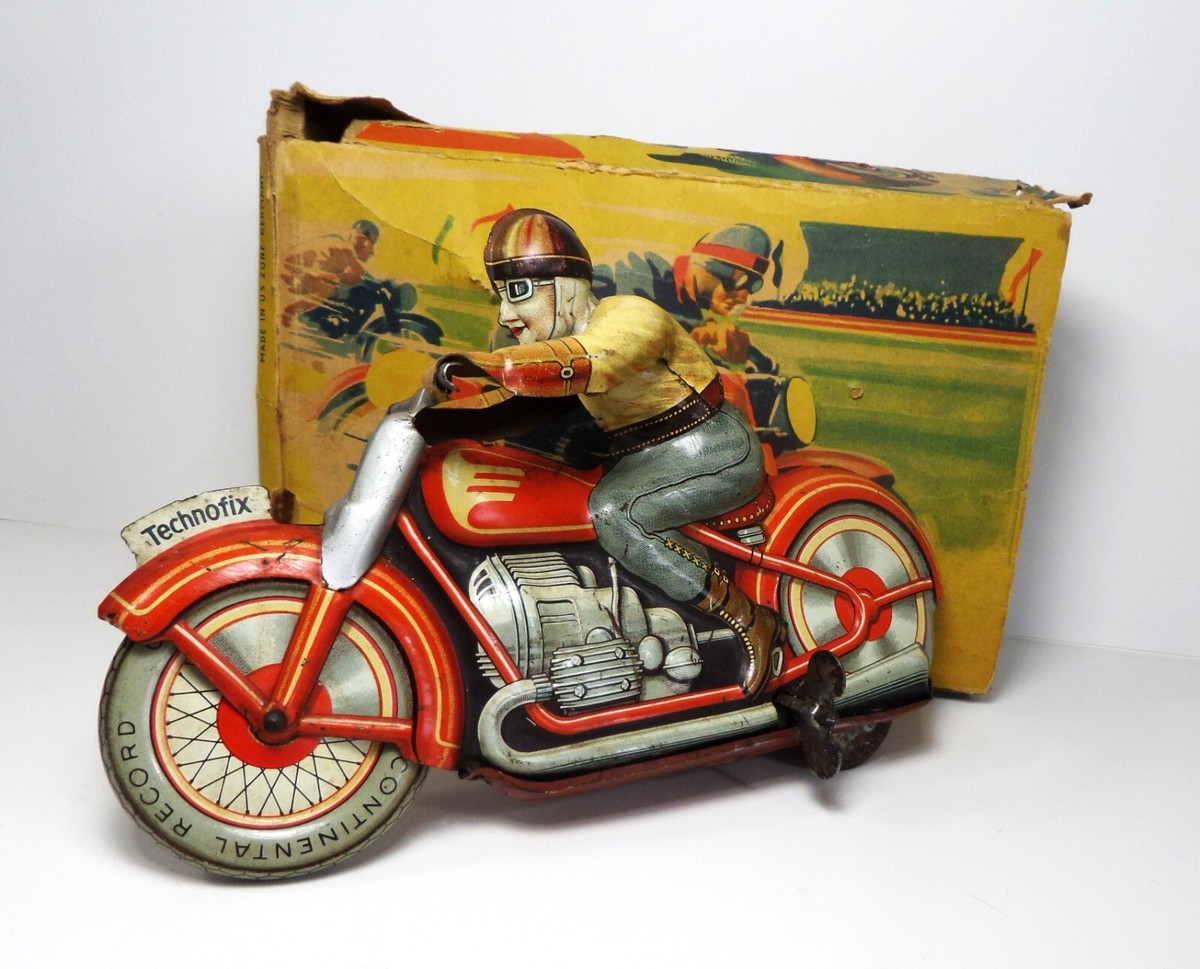 Technofix GE 258 Racing Windup Motorcycle #4 Tin Litho Toy w Technofix GE 258 Racing Windup Motorcycle #4 Tin Litho Toy w