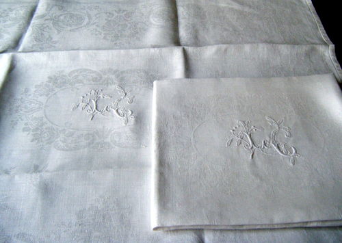 Antique lot 3 damask dinner napkins cotton floral design mono"FG" 32X27" France - Picture 3 of 8