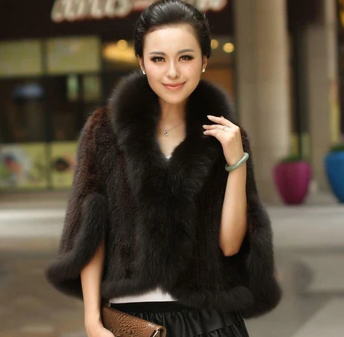 Handmade Knit Real Genuine Mink Fur Coat with Fox Fur Collar Shawls Wraps Cape - Picture 47 of 47