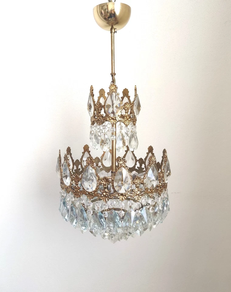 Lámpara de araña de cristal antigua vintage de latón LED cesta techo Foto 4 de 4