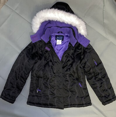 S. Rothschild Girls Black and Purple Winter Jacket. Faux Fur Hood. Size XL 16