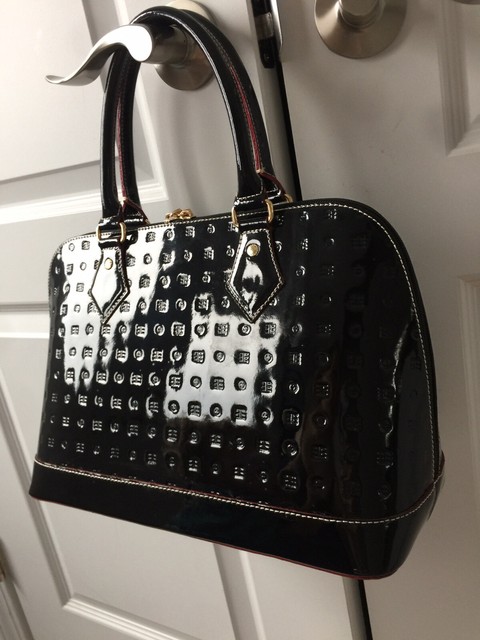 arcadia black patent leather purse