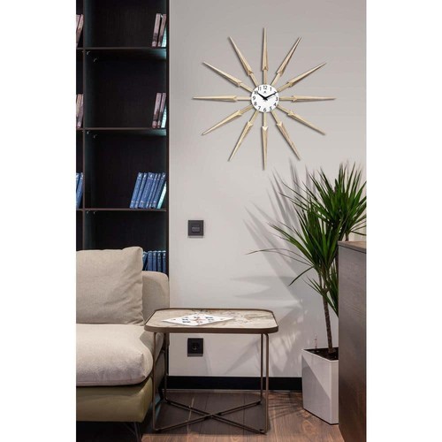 Sunburst Wall Clock Light Wood-Colored Plastic Spokes Celeste Midcentury Quartz - Picture 5 of 5