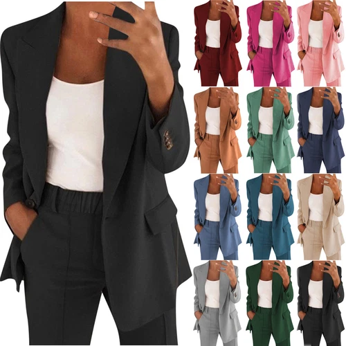 Womens Long Sleeve Suit Jacket Pants 2-piece Suit Set Casual Business Size S-5XL - Afbeelding 1 van 37