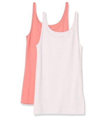 Amazon Essentials Women's 2-Pk Slim-fit Thin Strap Tank Top, Coral/Light Pink, L