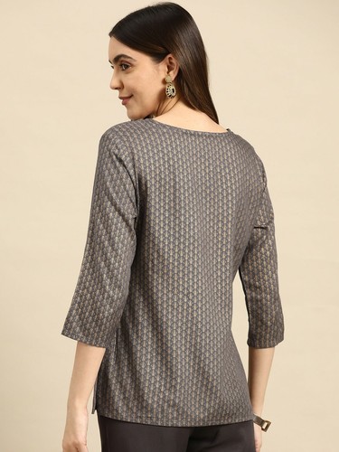 Women's Grey Printed Kurti – Bollywood Indian Pakistani Ethnic Tunic Dress SALE - Picture 3 of 5