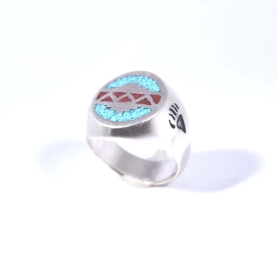 Anillo Vintage Plata Blanco Bronce Turquesa Incrustación Piedra Talla 8 Foto 4 de 4