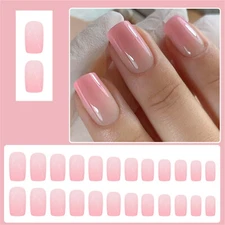 Short Square Press-On Fake Nail Blooming Pink Gradient Glossy Manicure 24pcs