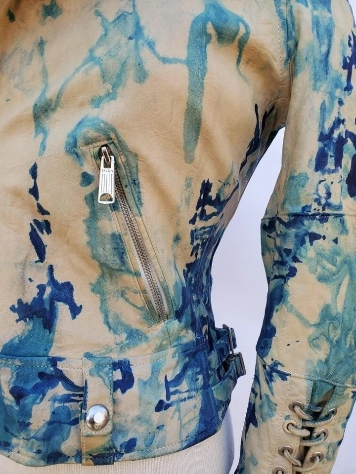 Ralph Lauren leather jacket denim blue purple beige 0 2 4 painted tiedye moto XS - Image 4 of 4