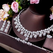 Stunning White Gold Plated CZ Women Party Necklace Earrings Ring 4pc Jewelry Set