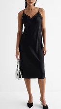 Express Lace Trim Satin Midi Black Dress Size Medium Spaghetti Adjustable Strap