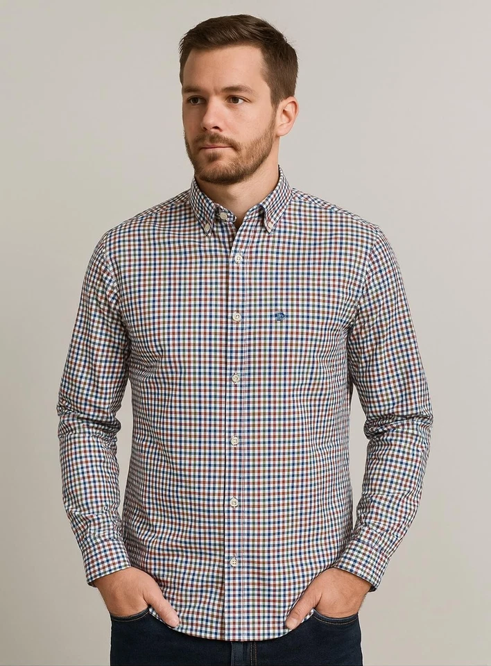 Camisa Penguin by Munsingwear Para Hombre Grande Roja Azul Cuadros Calce Ajustado Con Botones Foto 4 de 4