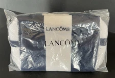 New Lancome Soft-Sided Cosmetic Makeup Bag Blue White Striped Terry Cloth