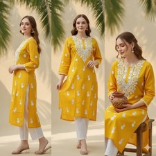Hand Embroidered Yellow Chikankari Cotton Kurti  Pure Cotton Kurta for Women