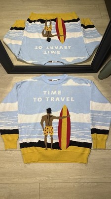 Y2K Sinar Blue & Yellow  Time to Travel  Knit Crewneck Sweater