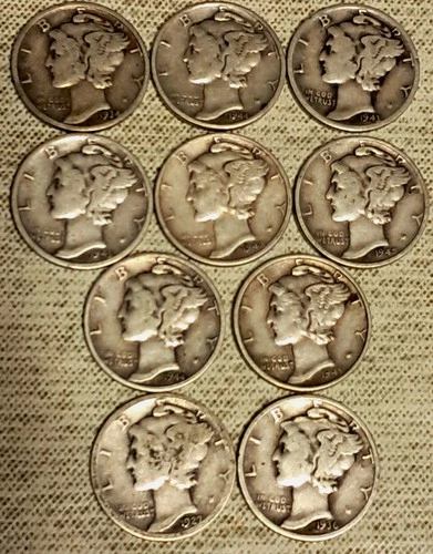 $1.00 Face Mercury Dimes / Includes 1927S Key Date.  VG-VF