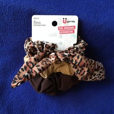 3 Pack Scunci Cheetah Print Scarf Scrunchie Tan Scrunchie and Dk Brown Scrunchie