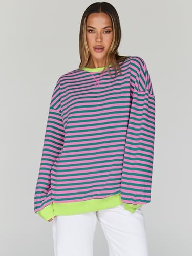 Oversized Sweatshirt for Women 2025 Summer Crewneck Striped Long Sleeve - Picture 3 of 6