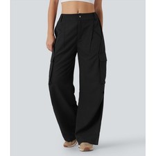 Halara Mid Rise Side Pocket Wide Leg Casual Cargo Pants Black NWT Large Petite