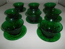8 Vintage Anchor Hocking Forest Green Sandwich Custard Cups w/ 4.5"  Liners
