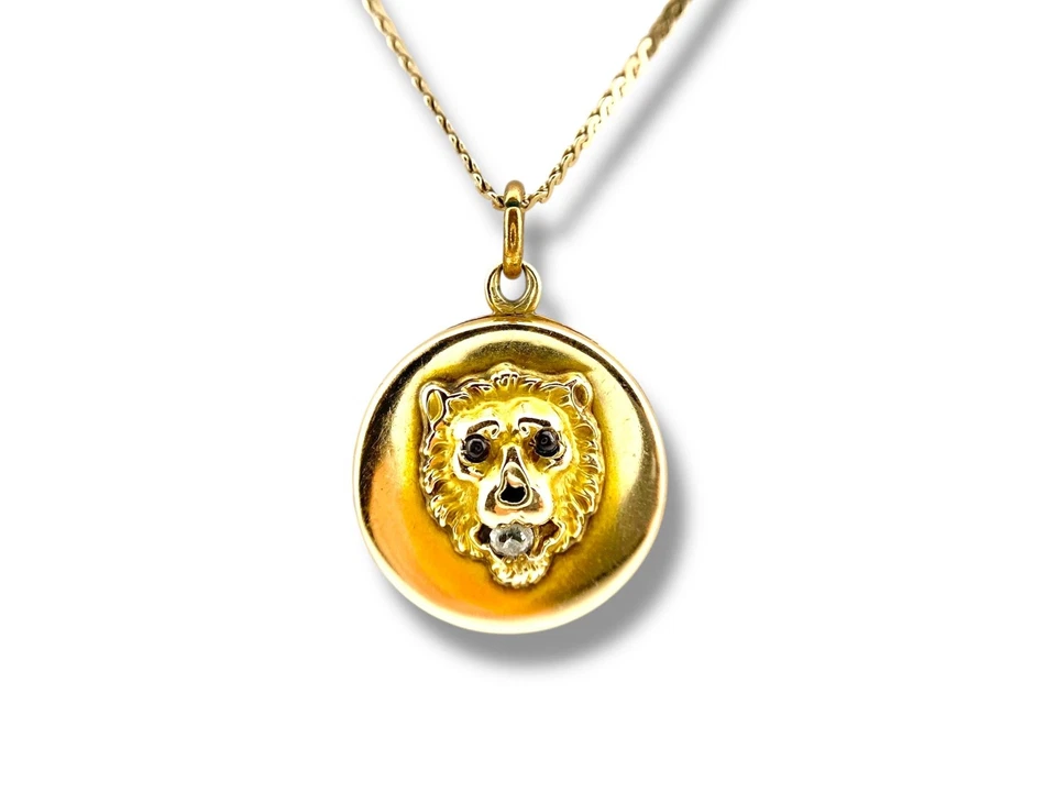Colar pingente medalhão leão diamante europeu antigo ouro amarelo 14k Art Deco - Imagem 2 de 4