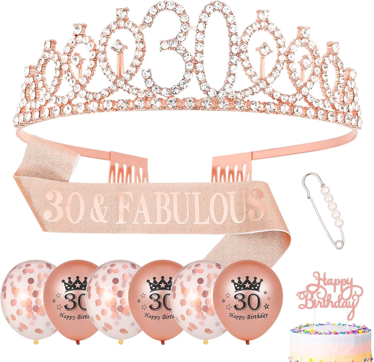 30th Birthday Sash and Tiara Rose Gold 30 & Fabulous Sash Rhinestone Crown Ball
