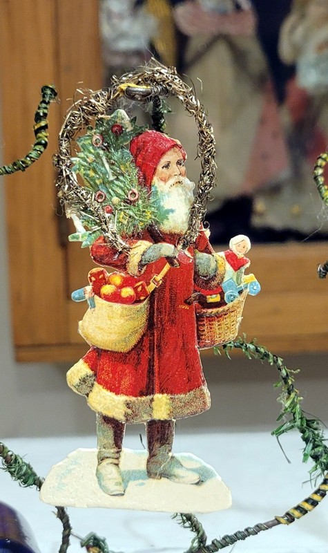 2nd Red robed Santa, with Oranges & Toys. Miniature Silver Tinsel & Paper Orn