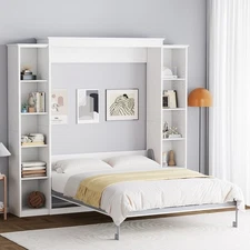 Queen Size Murphy Bed Cabinet with 5-Tier Storage Shelves, Foldable Platform Bed