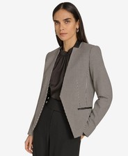 Calvin Klein Houndstooth Blazer Women's 12 Black/Cream Collarless Open Front