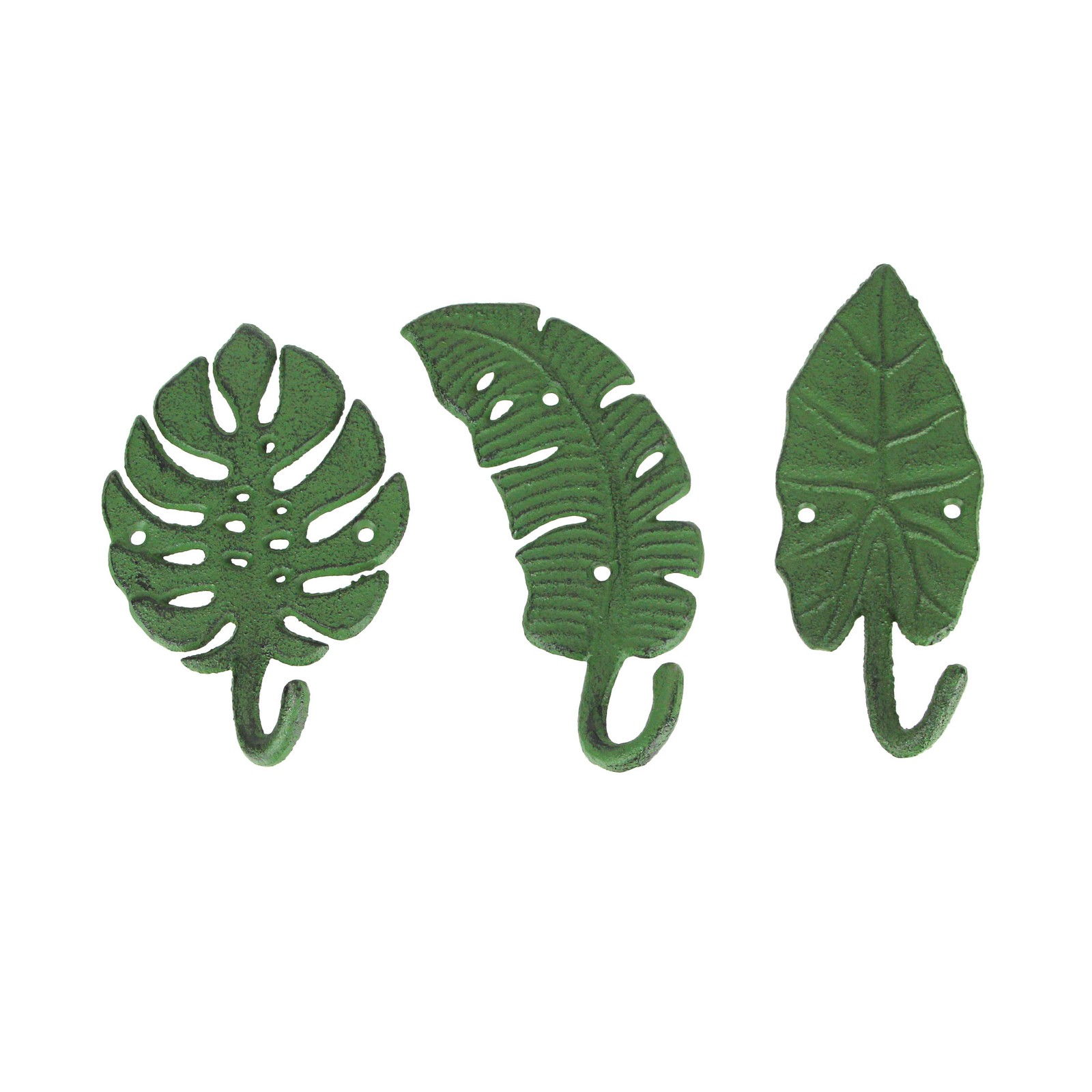 Set of 3 Cast Iron Green Tropical Leaf Decorative Wall Hooks Towel Hanger Rack