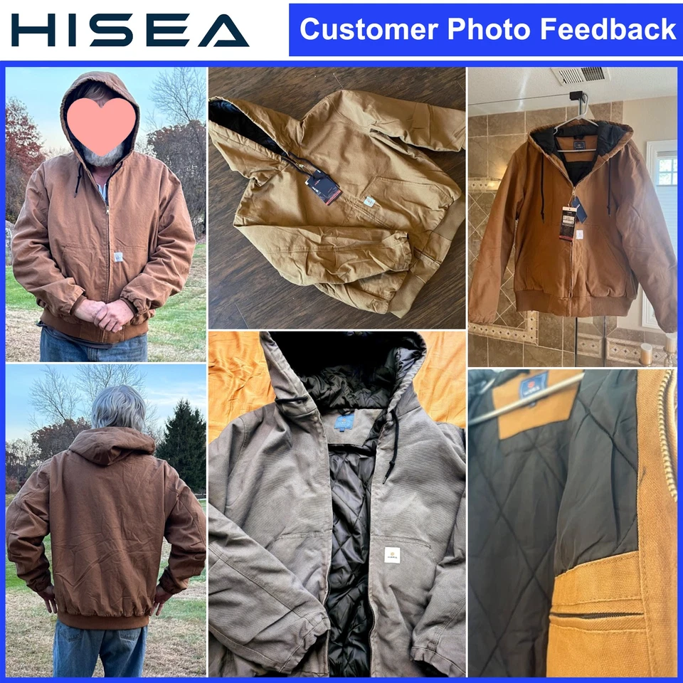 HISEA Men Insulated Hooded Jacket Relaxed Fit Canvas Coat Quilted Lined Workwear - Image 2 of 4