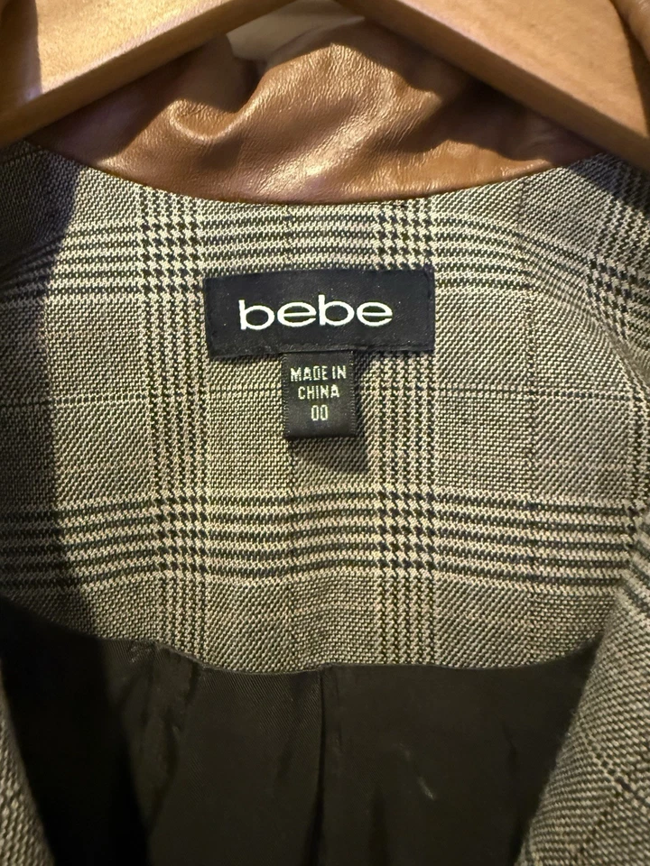 Chaqueta Blazer Bebe Pata de Gallo Borde Cuero Cuadros Vintage Y2K Talla 00 Foto 3 de 4