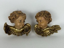 Anri - Coppia Di Putti In Legno Da Parete Angeli Con Ali Dorate XX Sec.