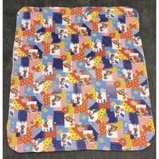Vintage Handmade Quilted Baby Blanket Holly Hobbie Denim Patchwork 1970s Floral